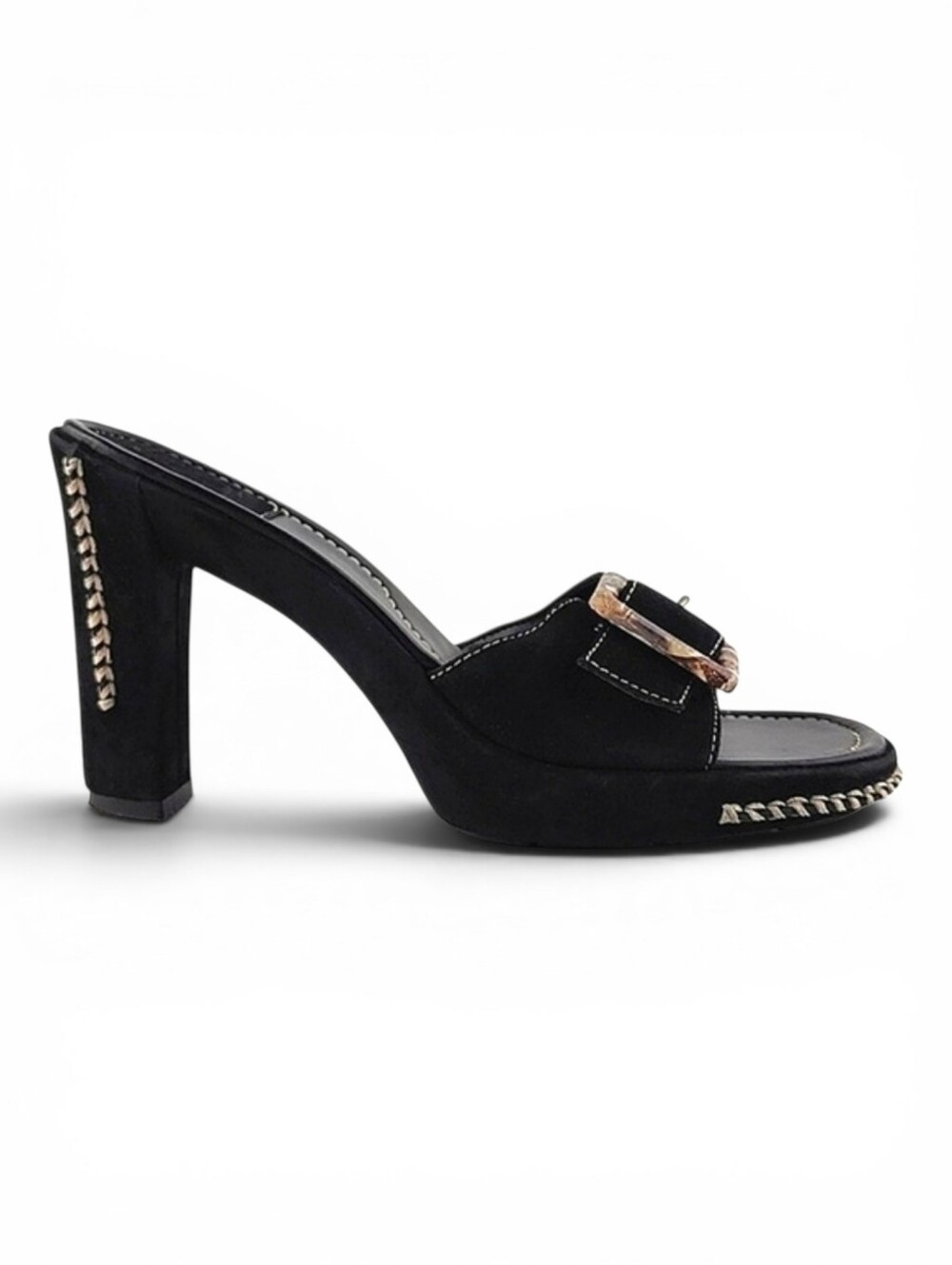 VS Tawnee Black Leather Suede Heel Mule Slide On Sandal Shoes White Stitch 6M